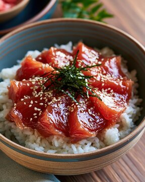 japanese maguro zuke don, marinated tuna rice bowl