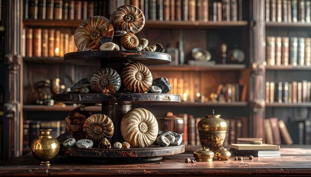 Fascinating tiered display of ancient ammonite fossils and geological specimens in a rich library setting