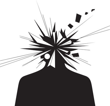Exploding head silhouette abstract stress or mental health crisis concept on transparent background.