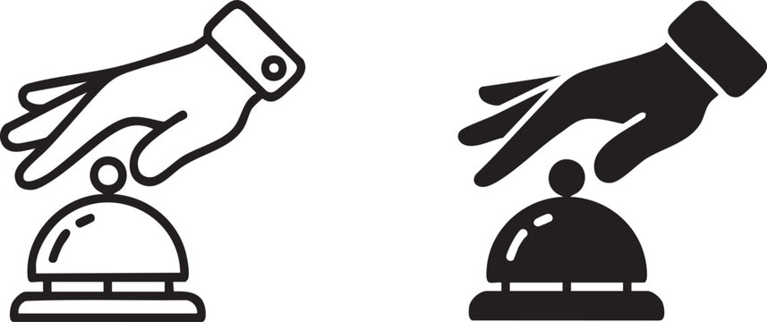 Minimalist hand pressing service bell icons, outline and solid silhouette variations, flat black and white vector, modern UI design set