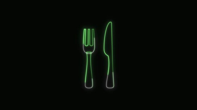 Fork and Knife Icon Neon Seamless Loop 4K with Black Background Animated Promotional Typography for Video Editing