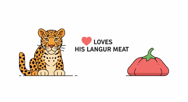A cartoon leopard sits left, a red tomato rests right, with text between them