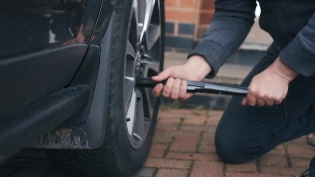 Hands loosening tightly fastened wheel lug nuts with tire wrench during car wheel removal. Automotive maintenance concept with manual tire change, vehicle wheel service on driveway. Closeup DIY car