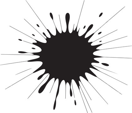 Large black ink splash with scattered droplets and radial lines.