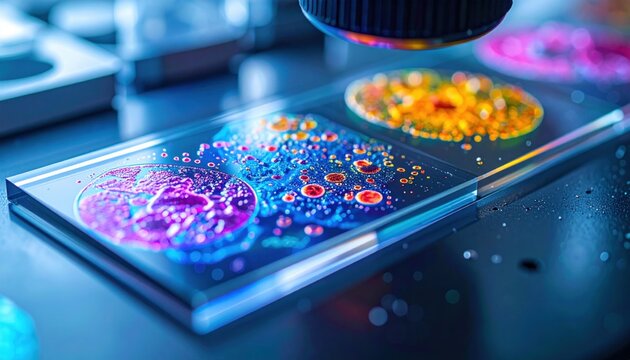 Microscope slide with vibrant cellular structures under illumination, showcasing intricate biological detail in a scientific laboratory setting