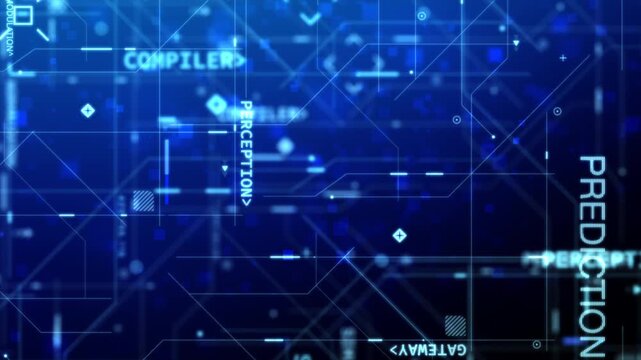 Abstract digital interface background featuring artificial intelligence compiler screen with blue tech data lines and fictional programming text