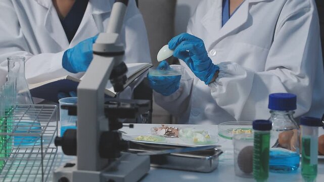 Researcher conducts food analysis in laboratory on eggs and dairy with microscope and data sheet for study on nutrition concept