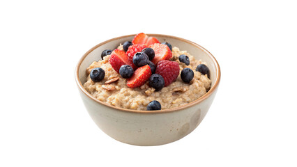 A round ceramic bowl filled with healthy morning oatmeal breakfast porridge topped with berries isolated on transparent background cut out © 1png-stock