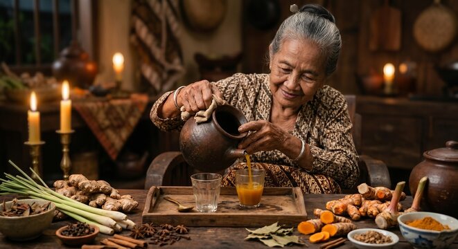 Elderly Indonesian Woman in Batik Dress Pouring Traditional Jamu Herbal Drink from Clay Pot