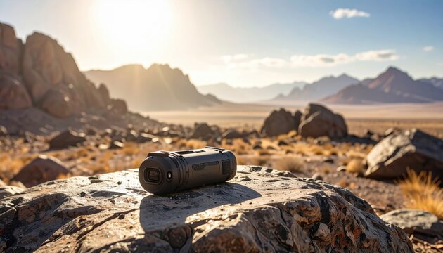Durable Rugged Communication Device Resting on a Rock in a Vast Arid Mountain Landscape Under Sunlight