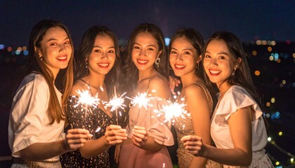 Obraz premium Group of young women celebrating with sparklers at night