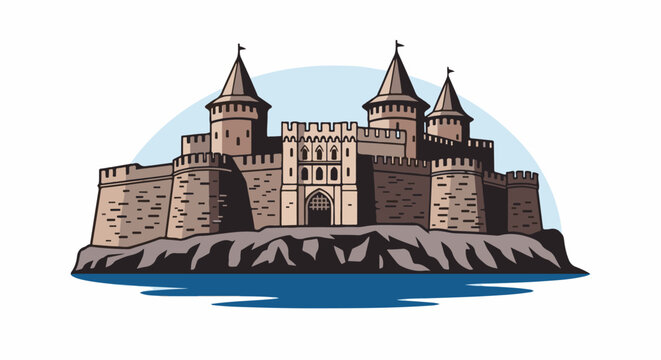 A formidable stone castle with multiple towers and battlements stands majestically on a rocky outcrop above blue water
