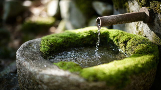 wellhead. Close-up of an ancient mossy stone wellhead with water flowing into a basin. real-estate listings.
