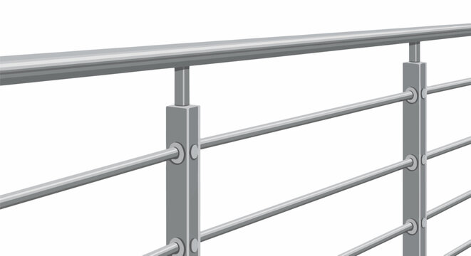A close-up of a modern, sleek metal railing with multiple horizontal bars