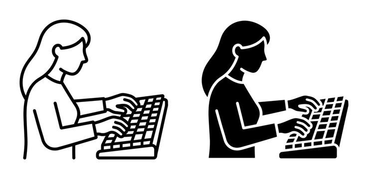 Typing Woman Icon Set, Person Working on Computer Keyboard, Digital Communication and Office Work Vector Graphics