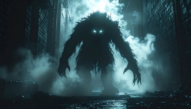 Furry shadow creature with glowing eyes emerges from urban fog