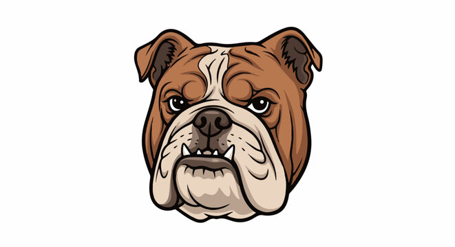 A close-up cartoon illustration of a brown and white bulldog's face