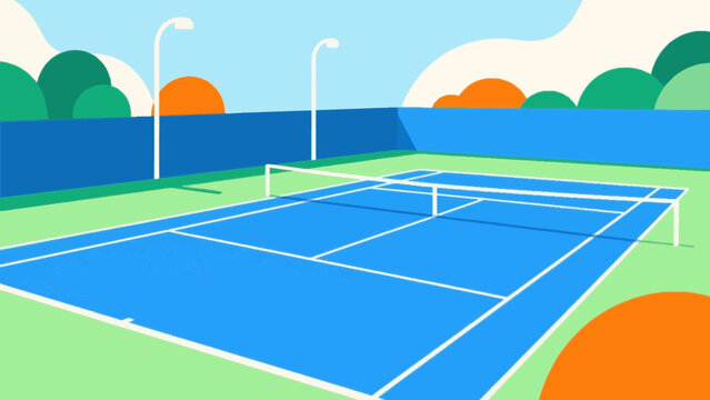 Empty blue tennis court outdoor sport background flat vector illustration