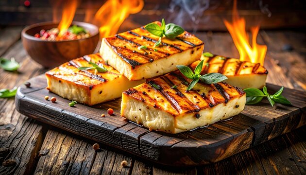 Sizzling Grilled Halloumi Cheese Slices with Fresh Basil on a Rustic Wooden Board, Served Hot with Flames