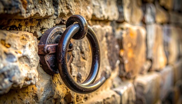 A heavy, dark iron ring bolted to a textured stone wall, showcasing antique architectural hardware