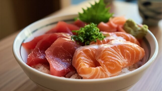 tuna and salmon don set meal, japanese sashimi rice bowl