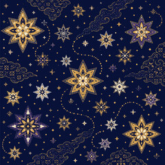Truntum Galaxy Celestial Batik Seamless Pattern with Eight Pointed Star Flowers, Cosmic Night Sky, Javanese Ornament, Deep Navy Gold and Nebula Purple Vector Style Design © byaru