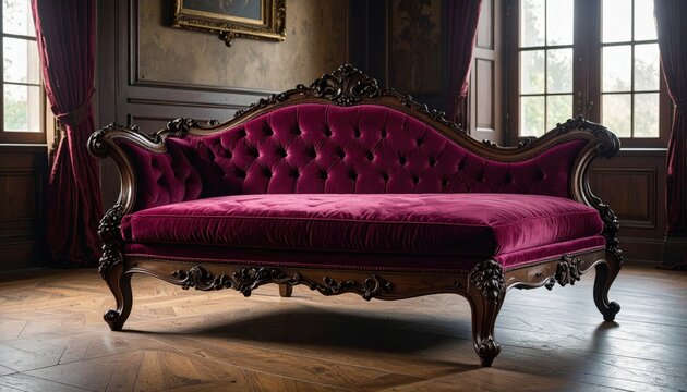 A resplendent Victorian-era fainting couch upholstered in deep crimson velvet with ornate carved wooden details