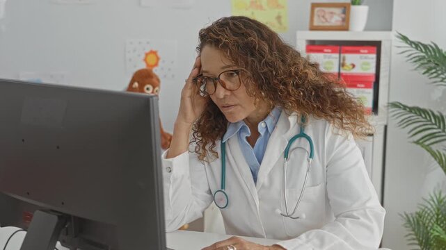 Woman doctor in white coat with stethoscope touching temple and adjusting glasses while reading patient notes on a computer screen in clinic; concern focus.