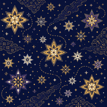 Truntum Galaxy Celestial Batik Seamless Pattern with Eight Pointed Star Flowers, Cosmic Night Sky, Javanese Ornament, Deep Navy Gold and Nebula Purple Vector Style Design