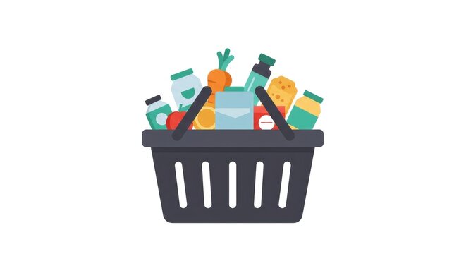 Cesta de compras cheia de diversos mantimentos isolada em fundo branco.