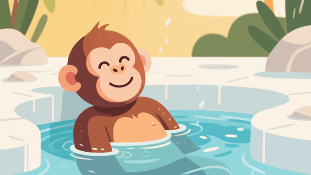 Cute cartoon monkey relaxing in a hot spring onsen illustration