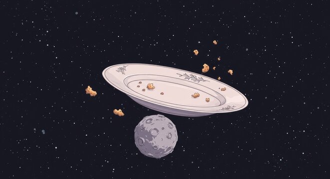 Ilustra&ccedil;&atilde;o de desenho animado de um prato de comida flutuando perto da lua em um c&eacute;u escuro.