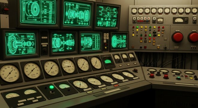 Sala de controle com monitores exibindo esquemas t&eacute;cnicos e instrumenta&ccedil;&atilde;o.