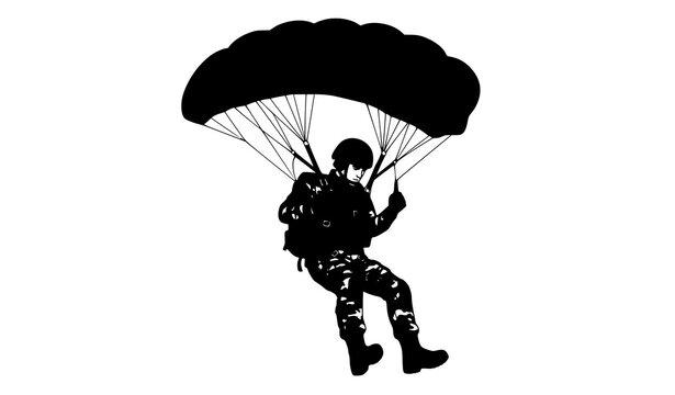 Airborne Paratrooper Soldier Landing with Open Parachute Vector Illustration