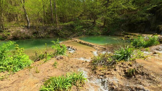 Rocks form natural steps along the stream's path. Bigar Waterfall, Stara Planina. (Balkan Mountains), Serbia.