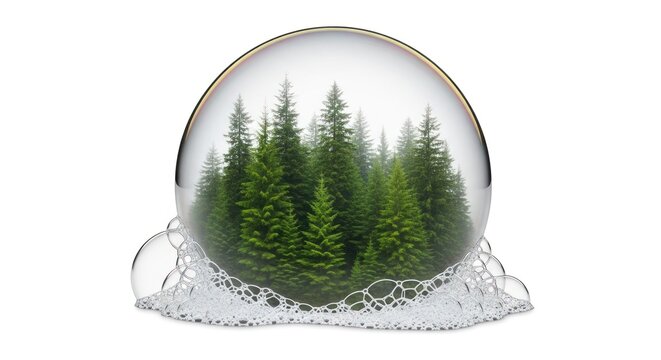 Paisagem florestal encerrada em uma esfera transparente com bolhas sobre fundo branco.