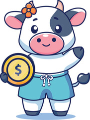 Obraz premium A cartoon cow cheerfully holding a shiny coin in its hoof, smiling at the viewer.