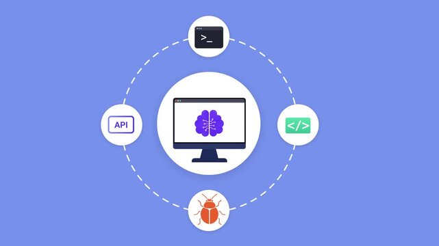 Animated flat technology dashboard featuring application services, connected network elements, and centralized workflow interface in a modern digital ecosystem.