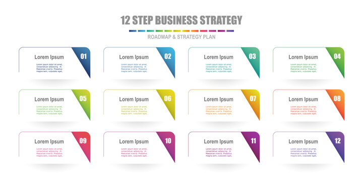 infographic elements template, business concept with 12steps,  rectangle shapes design with multi gradient color label for workflow layout, web design. Creative banner, label, vector