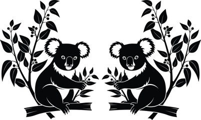 Symmetrical black silhouette of cute koala bears sitting on eucalyptus branches with leaves isolated on a white background © MDMUNNA