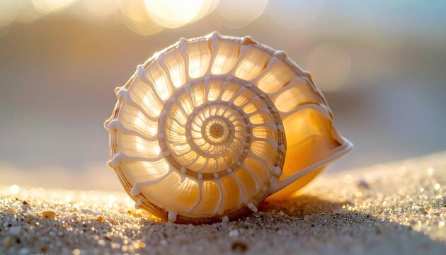 Golden Spiral Nautilus Seashell on Sandy Beach Illuminated by Warm Sunlight