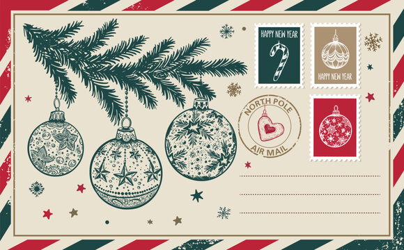 Vintage Christmas Postcard with Holiday Ornaments and Stamps