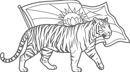 Fototapeta premium Tiger with sun lotus flag vector graphic illustration for design.