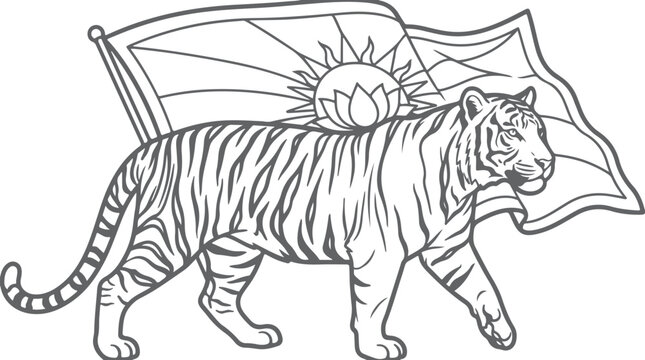 Tiger with sun lotus flag vector graphic illustration for design.