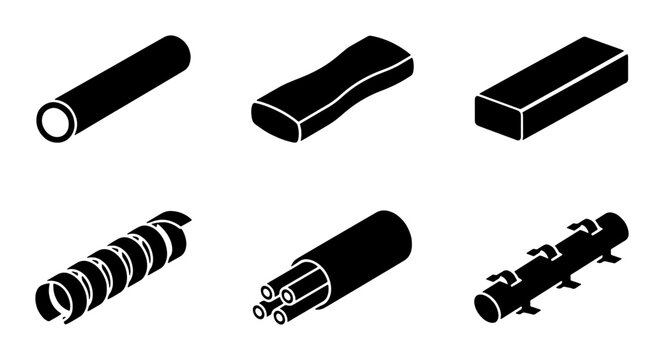 Industrial Material Icons: Pipe, Cable, Coil, Rod, Beam, and Gear Set