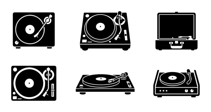 Turntable Icons Set, Vinyl Record Player Vector Graphics, DJ Equipment Collection, Retro Audio Devices