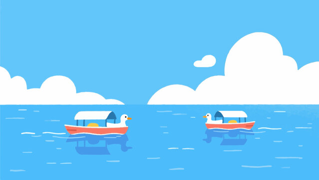 Vector illustration of two small tour boats with duck figures floating on a calm blue sea