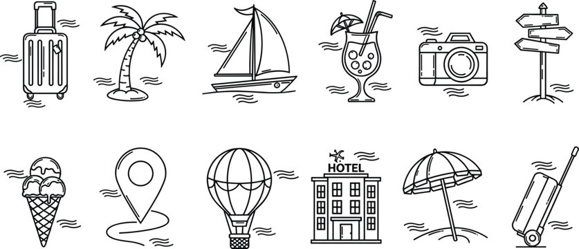 Travel and Vacation Icon Set with Luggage, Palm Tree, Sailboat, Ice Cream, Camera, and Hotel Illustrations for Websites, Apps, and Digital Designs