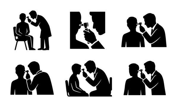Medical Examination Icons: Doctor Checking Ears, Otoscope Use, Pediatric Health, Clinical Diagnostics, Healthcare Symbols