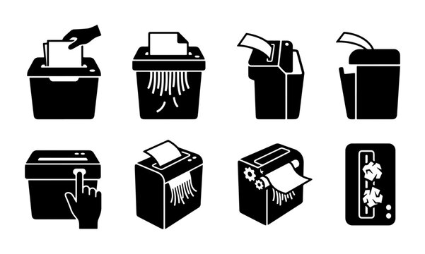 Paper Shredder Icons Set, Document Security, Office Equipment, Data Destruction Vector Graphics